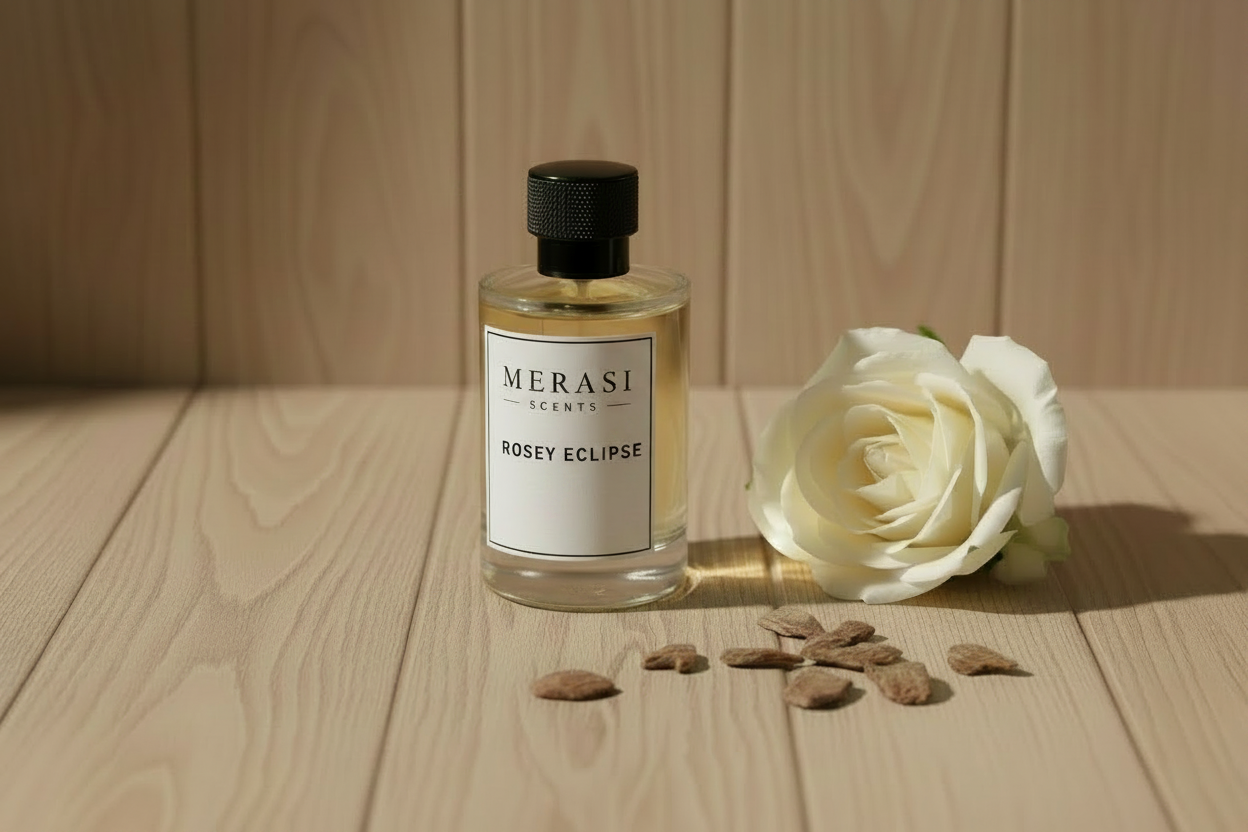 ROSEY ECLIPSE perfume bottle by Merasi Scents on light wood with white rose
