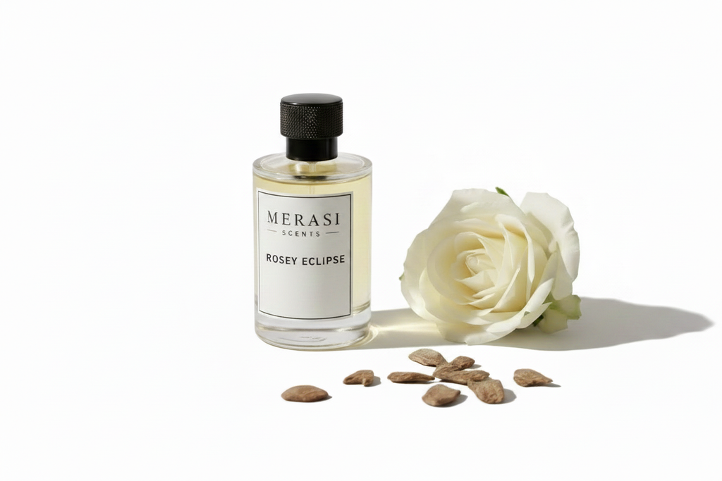ROSEY ECLIPSE perfume bottle by Merasi Scents on white background with white rose
