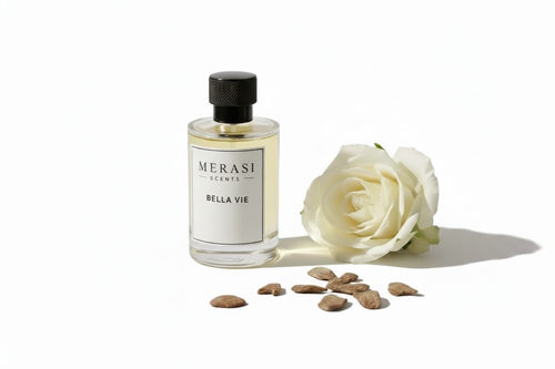 BELLA VIE perfume bottle by Merasi Scents on white background with white rose